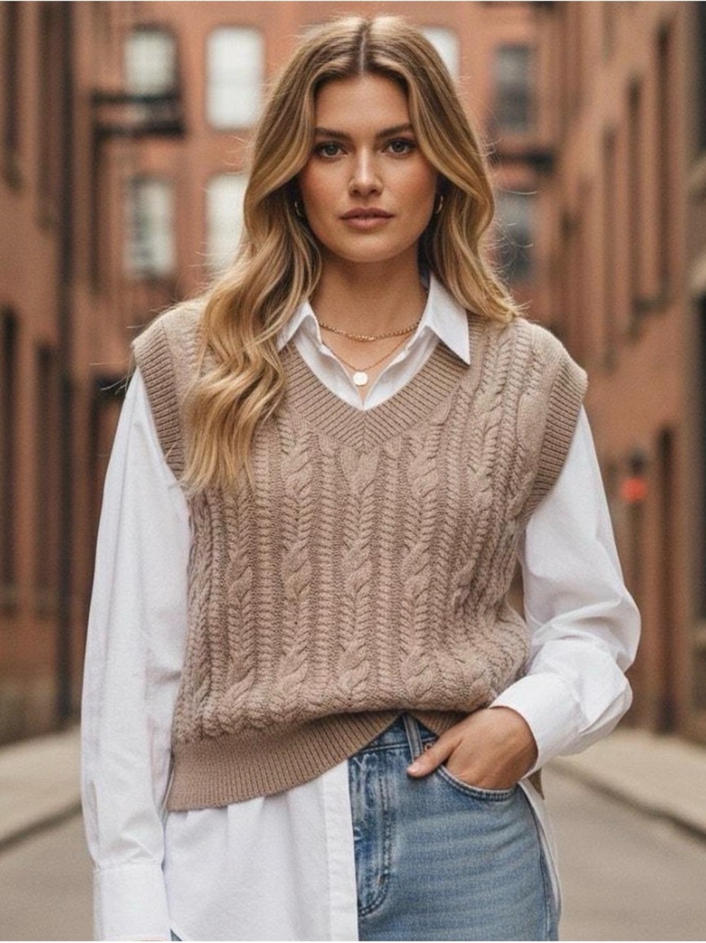 Abercrombie & Fitch Cable Knit Sweater Vest Taupe V-Neck Knit Top Size Small